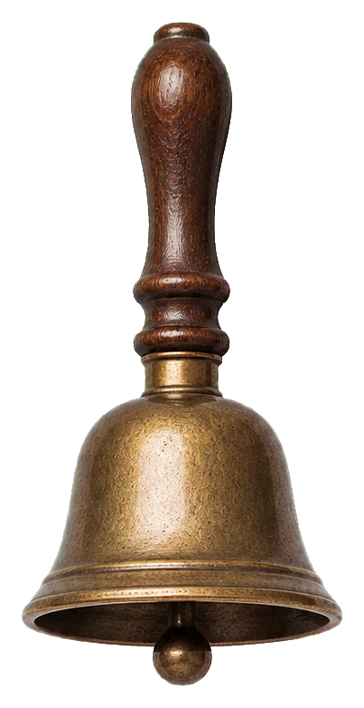 Realistic brass bell with a wooden handle and hanging clapper