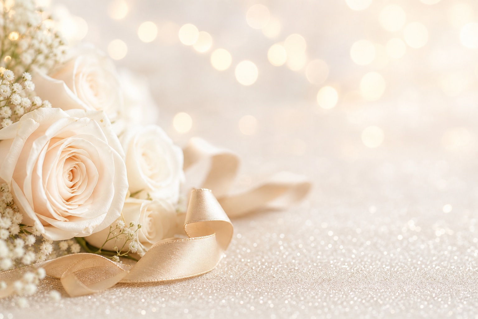 Soft wedding background with roses, champagne ribbon, and glowing bokeh lights