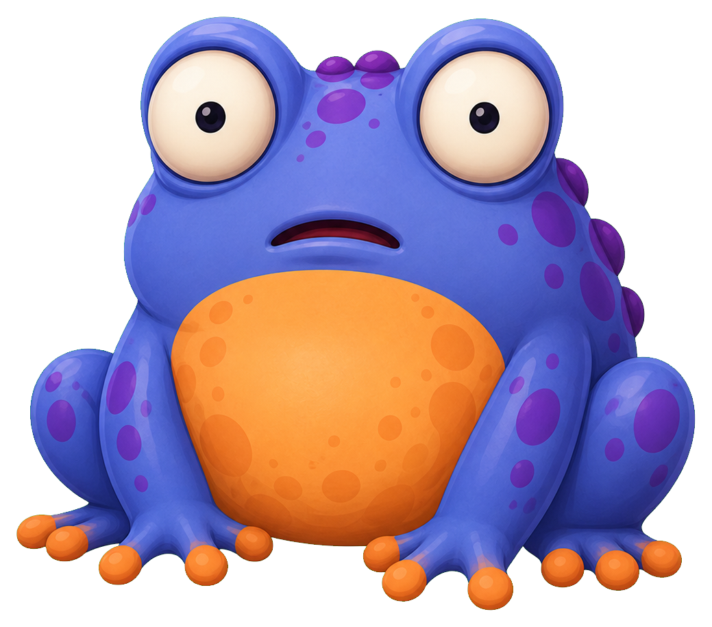 Purple frog with wide eyes and a blank stare sitting front facing