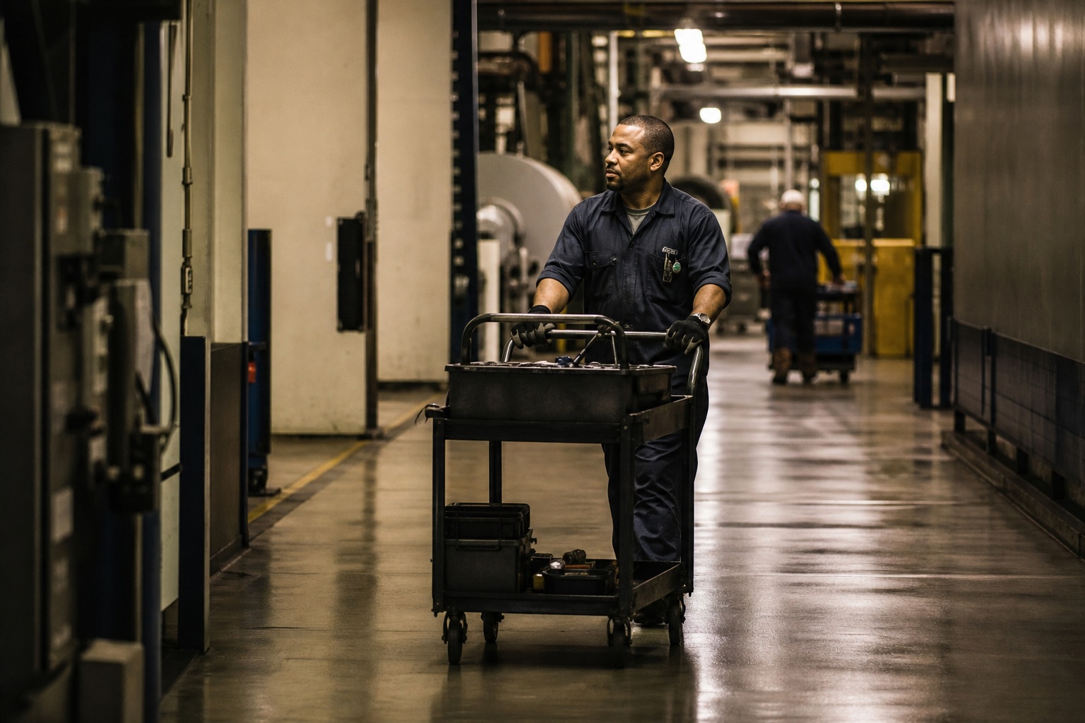 Worker pushing a tool cart through a dim industrial hallway at night