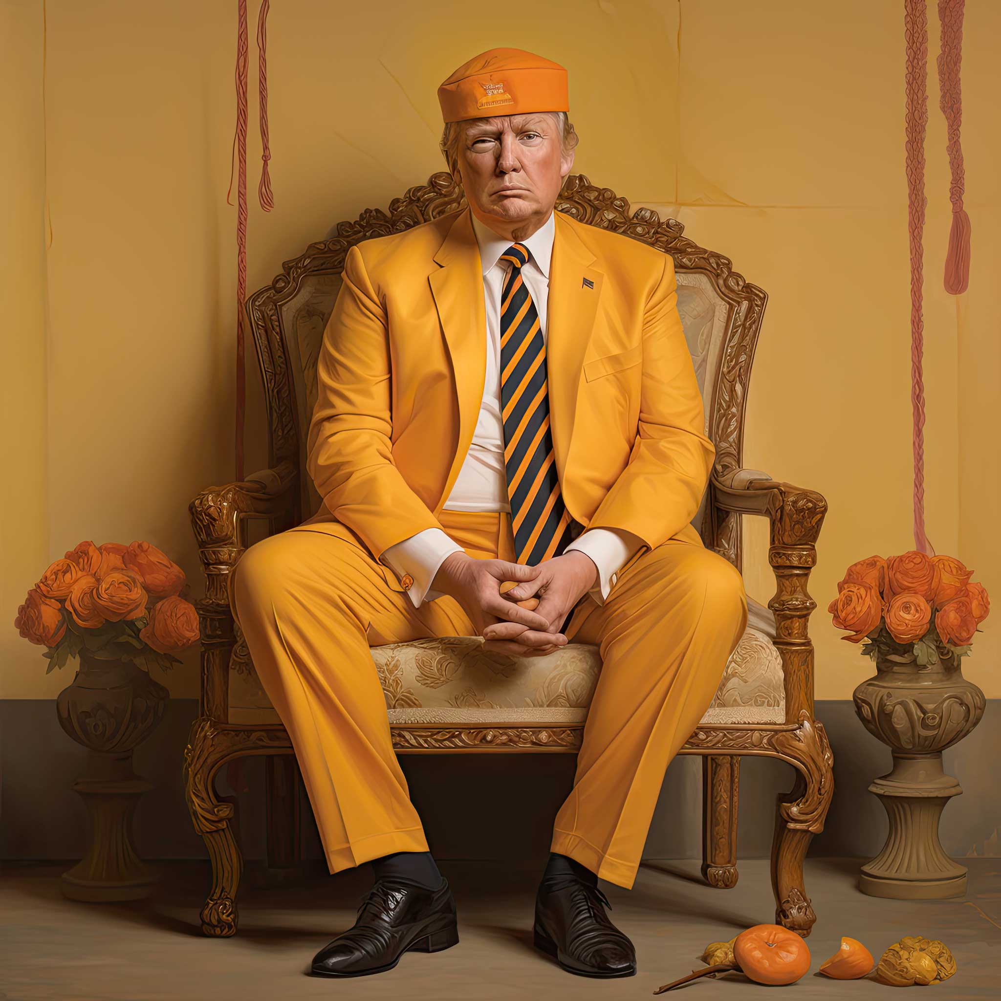Man in a yellow suit sitting on an ornate chair with fruit and flowers nearby.