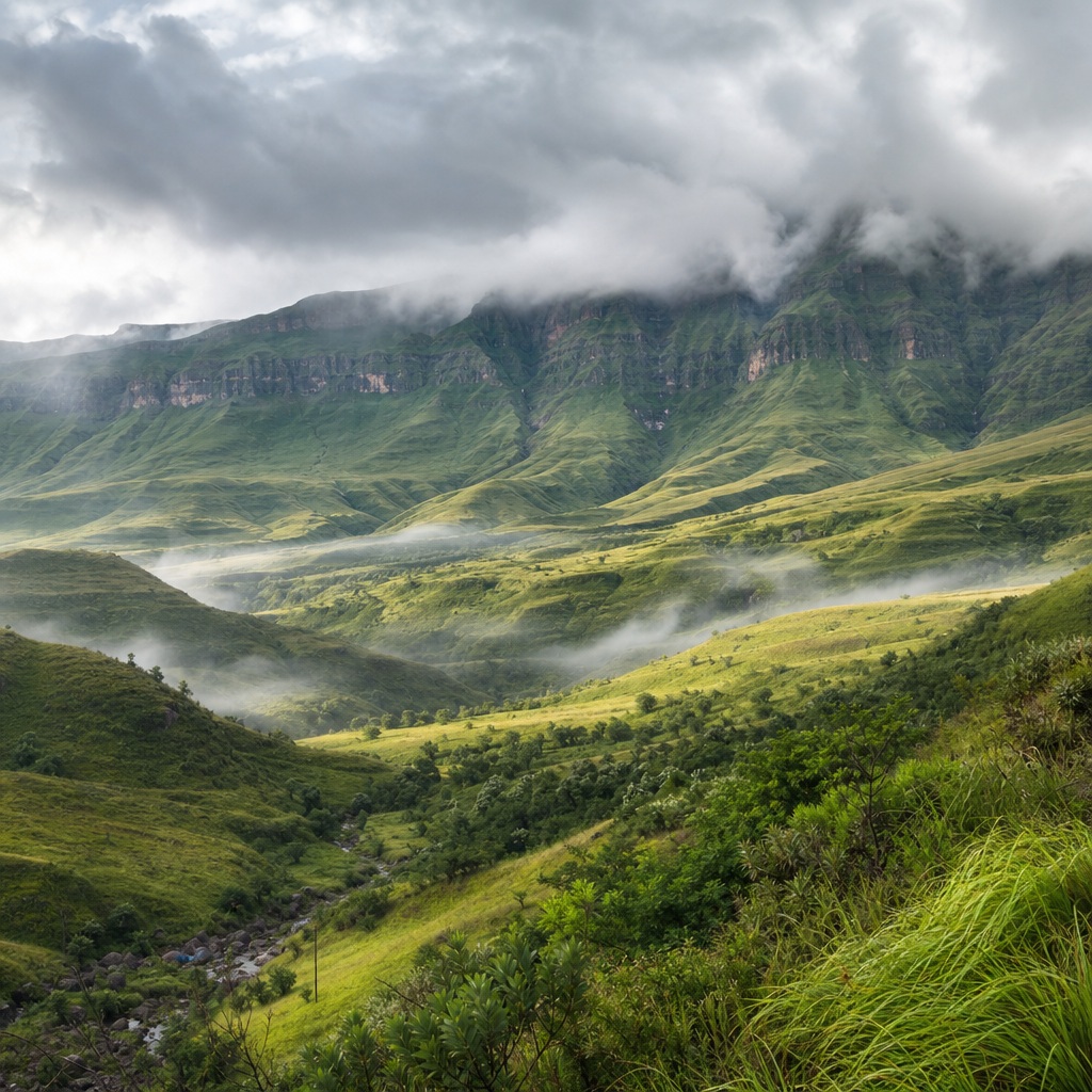 Misty green volcanic highlands with steep ridges and low clouds over a valley