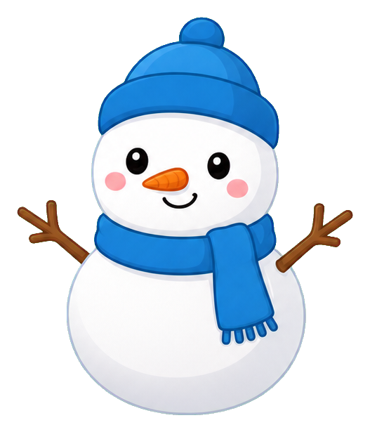 Cute cheerful snowman wearing a blue hat and scarf with twig arms