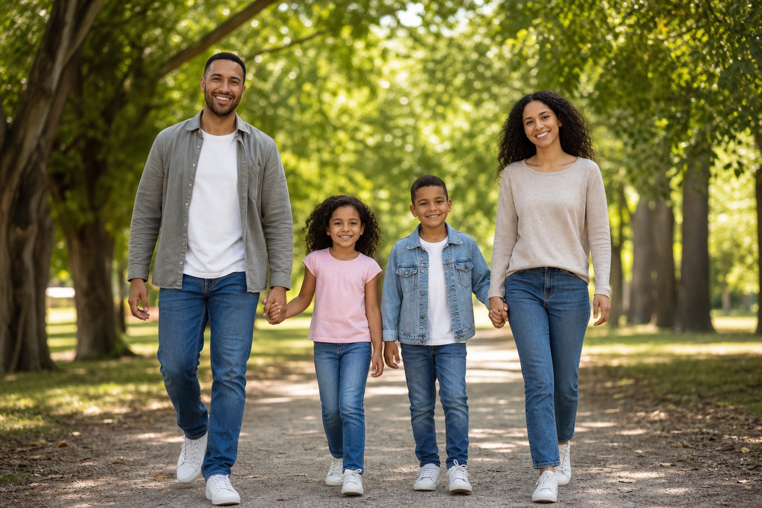 Family of four walking together on a tree-lined park path.