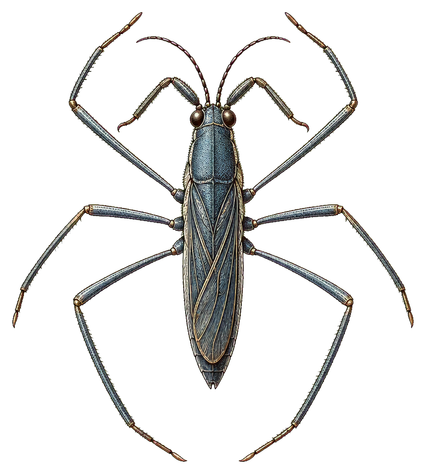 Vintage illustrated insect specimen with long legs and narrow body