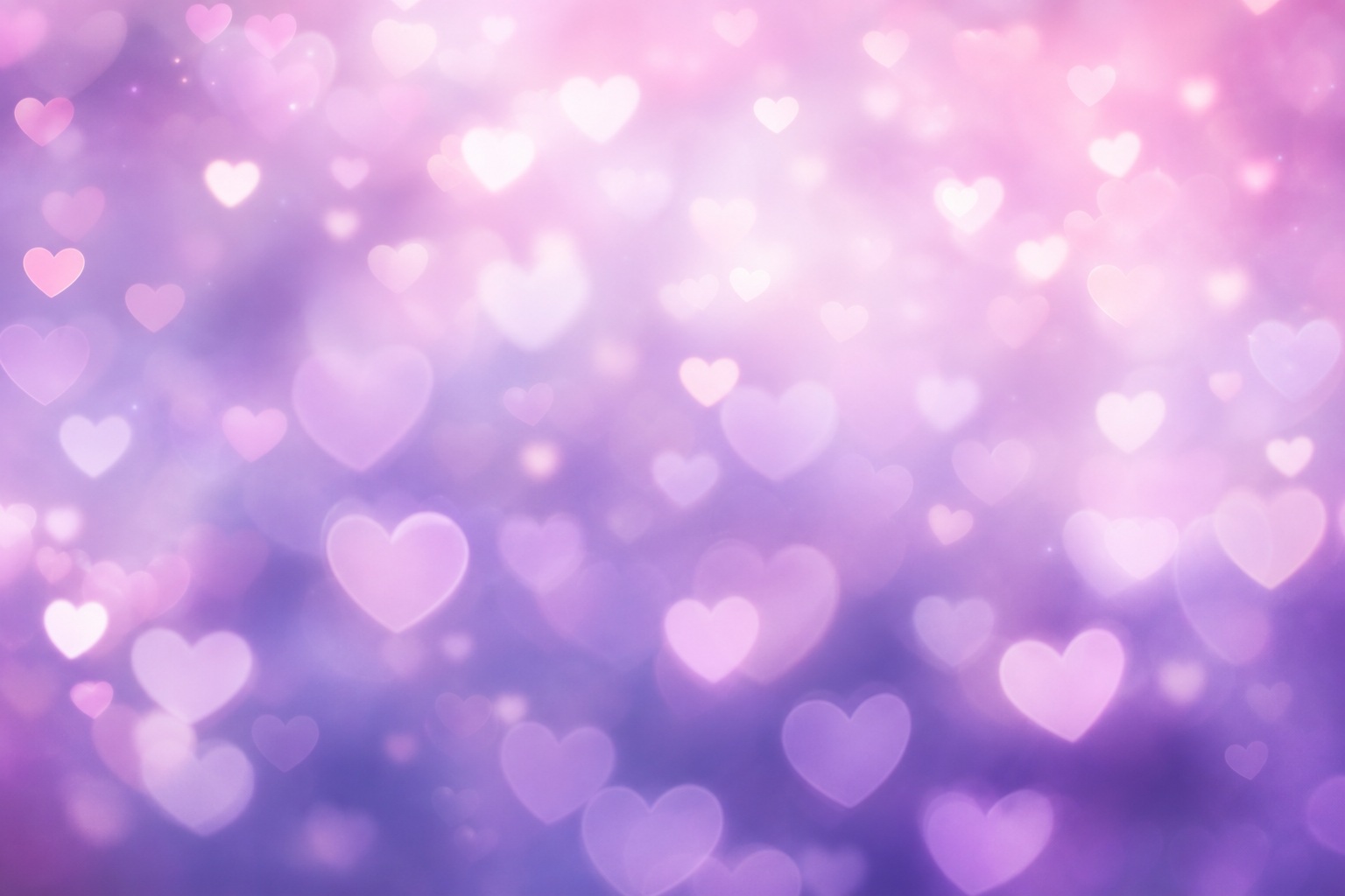 Soft lavender and pink glowing hearts with blurred bokeh lights.