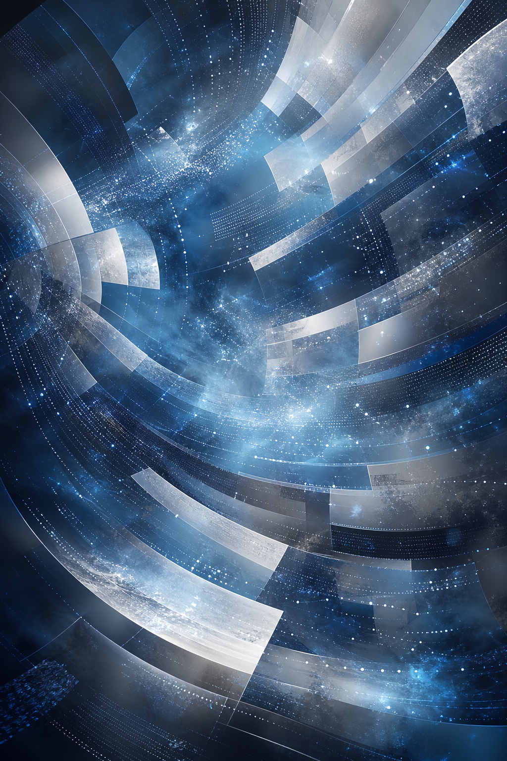 Silver blue abstract arcs swirling around a dark space-like constellation background