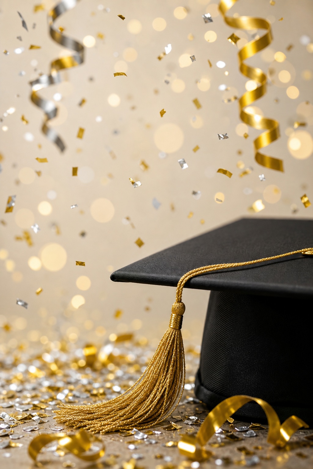 Graduation cap with gold tassel surrounded by gold confetti on a beige background.
