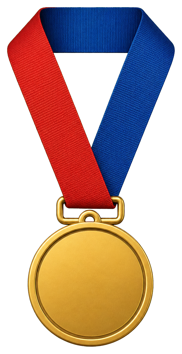 Gold medal with red and blue ribbon on a black background
