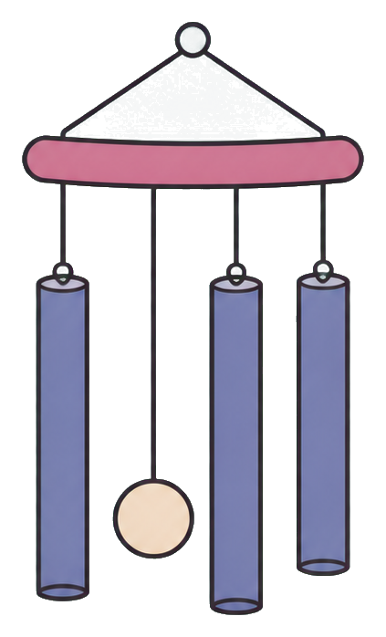 Minimal wind chime illustration with hanging tubes and a round bead.