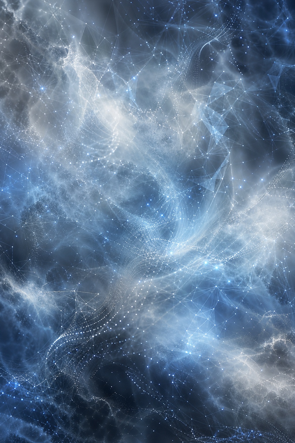 Silver blue abstract cloud network with glowing connected points and wispy light trails