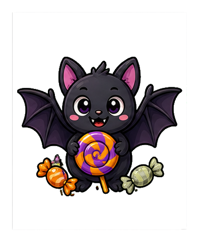 Cute bat with wings holding a colorful lollipop and candies.