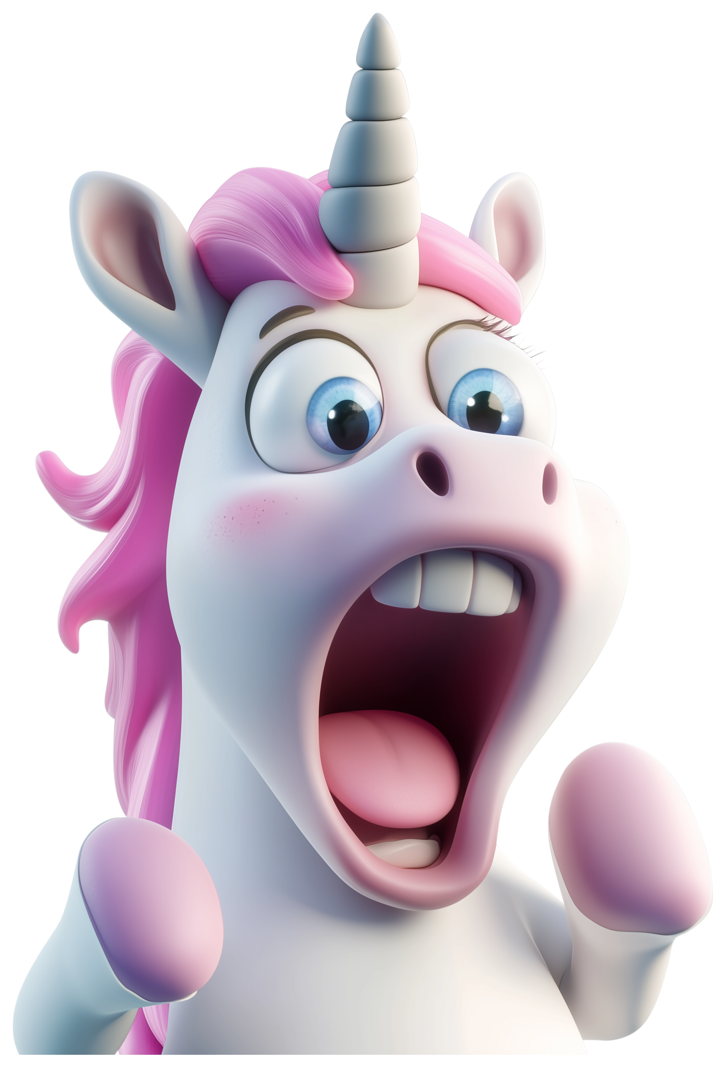 Surprised cartoon unicorn with pink mane, open mouth, and raised front hooves