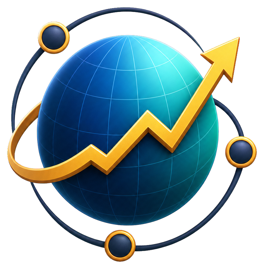 Blue globe with an upward gold market arrow and circular accents