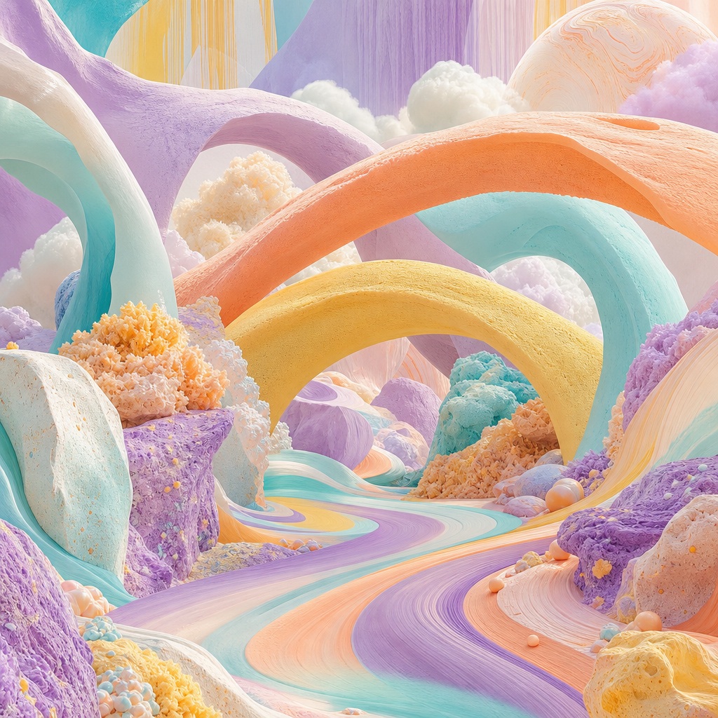 Pastel rainbow bridges winding through a surreal dreamlike landscape with clouds and soft hills.