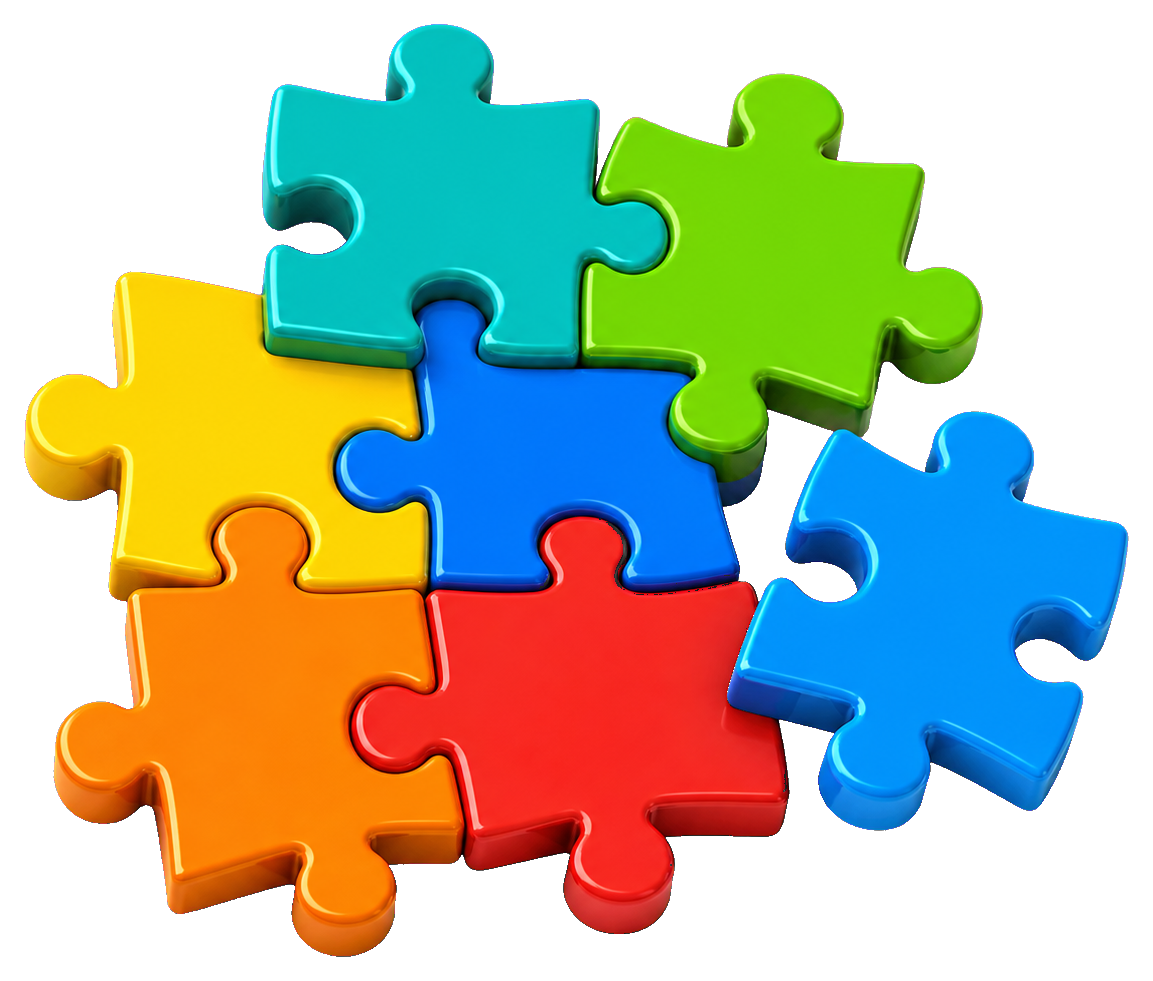 Colorful interlocking puzzle pieces in blue, green, yellow, orange, red, and cyan