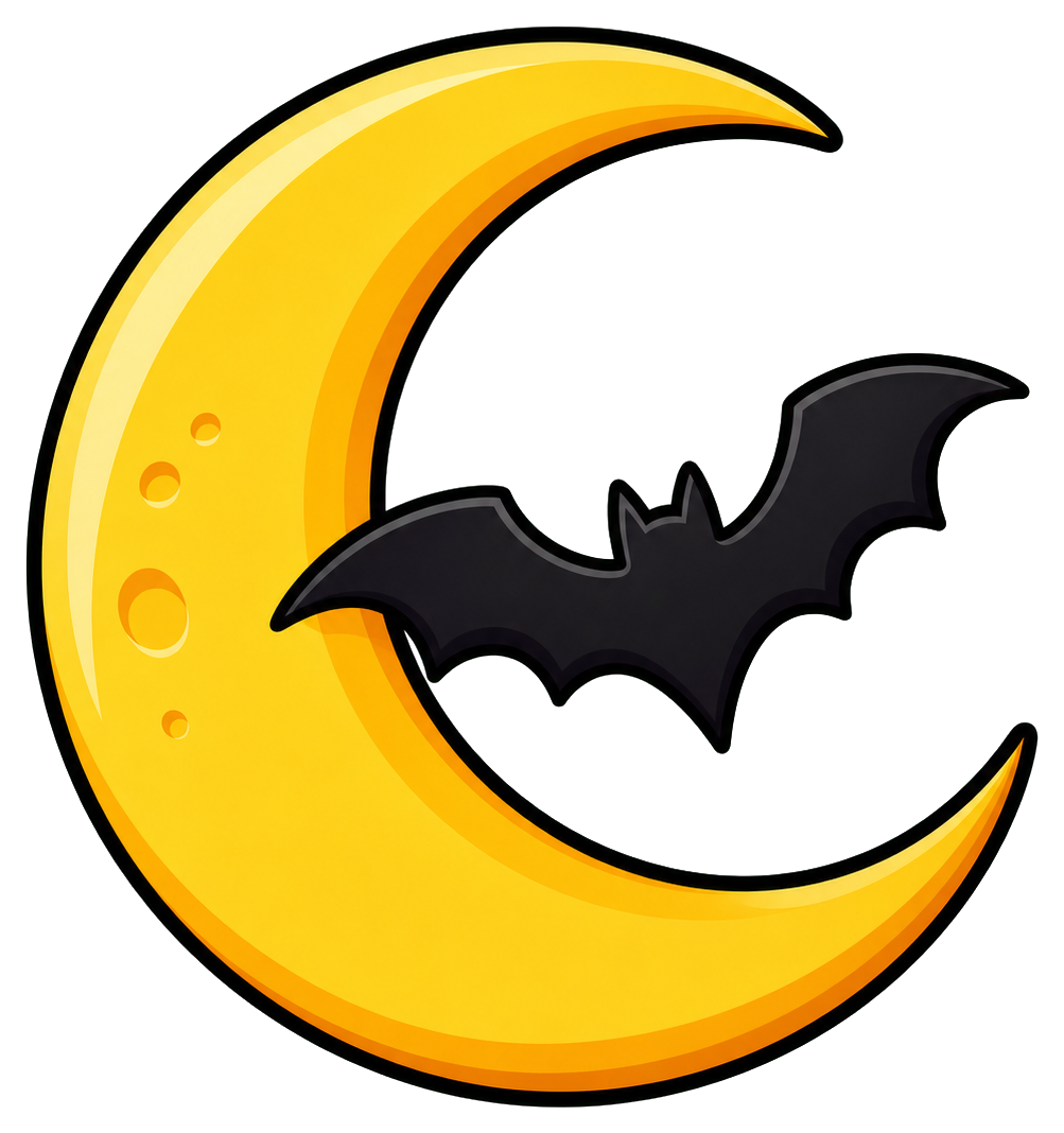 Yellow crescent moon with a black bat silhouette in the center