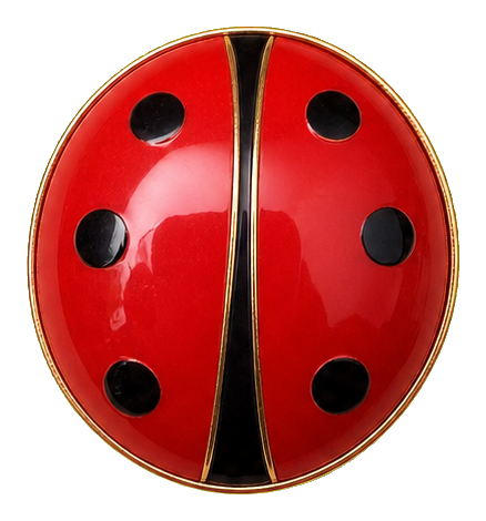 Red ruby enamel ladybug brooch with black spots and gold trim