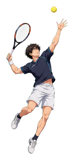 Anime tennis player jumping for an overhead shot with racket and ball