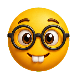 Yellow nerdy face emoji with round glasses and buck teeth