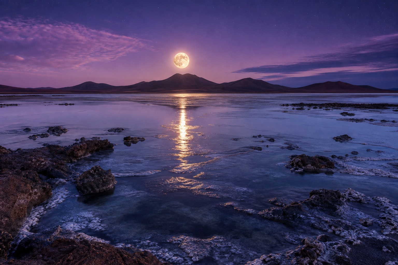 Moonlit salt lagoon with a glowing reflection, rocky shore, distant mountains, and a starry night sky.