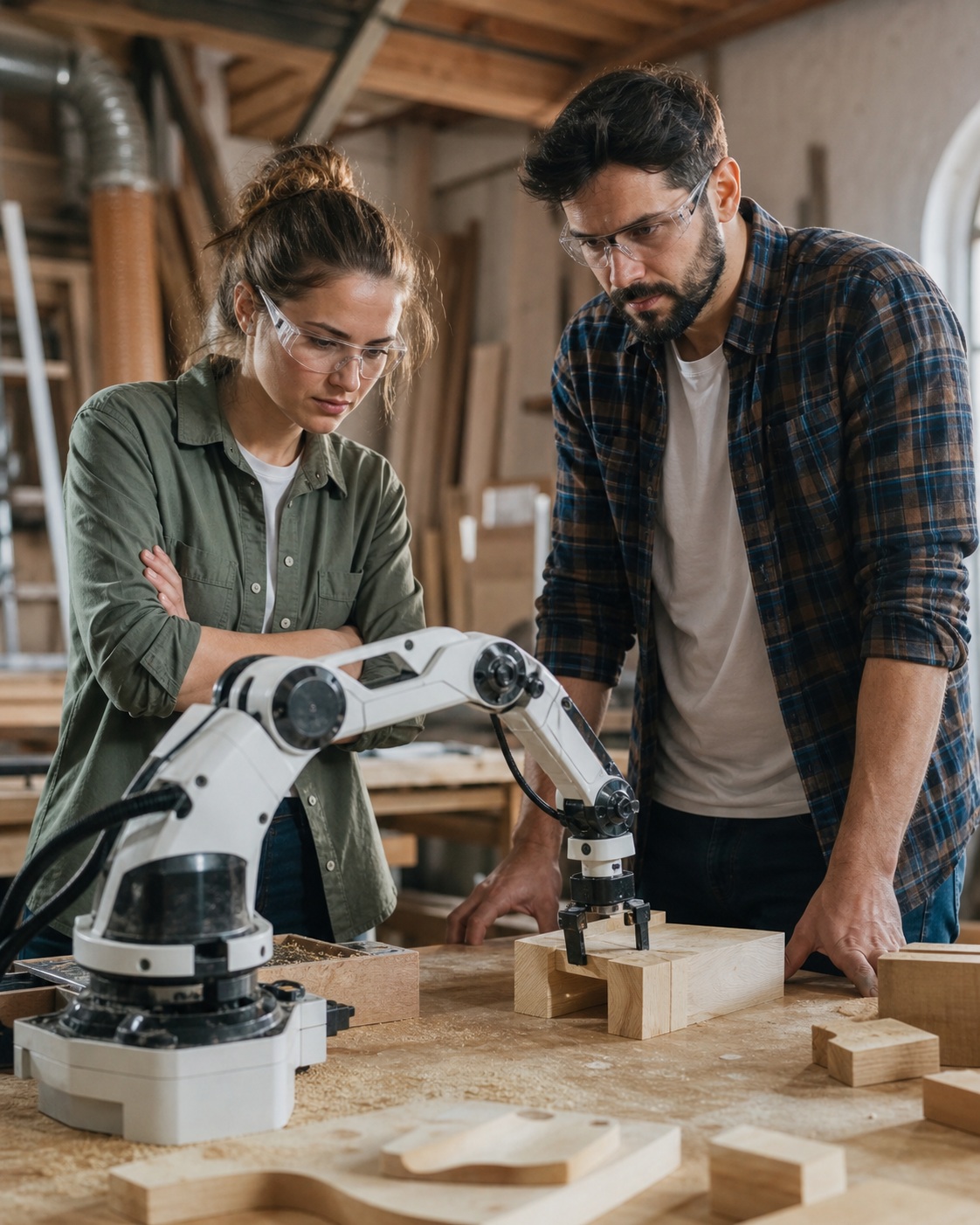 Two people studying a robotic arm in a wood prototype lab with wooden blocks and tools.
