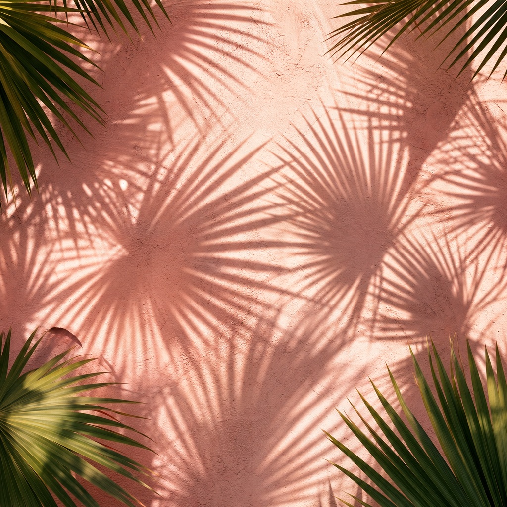 Tropical palm leaf shadows on a pink clay background