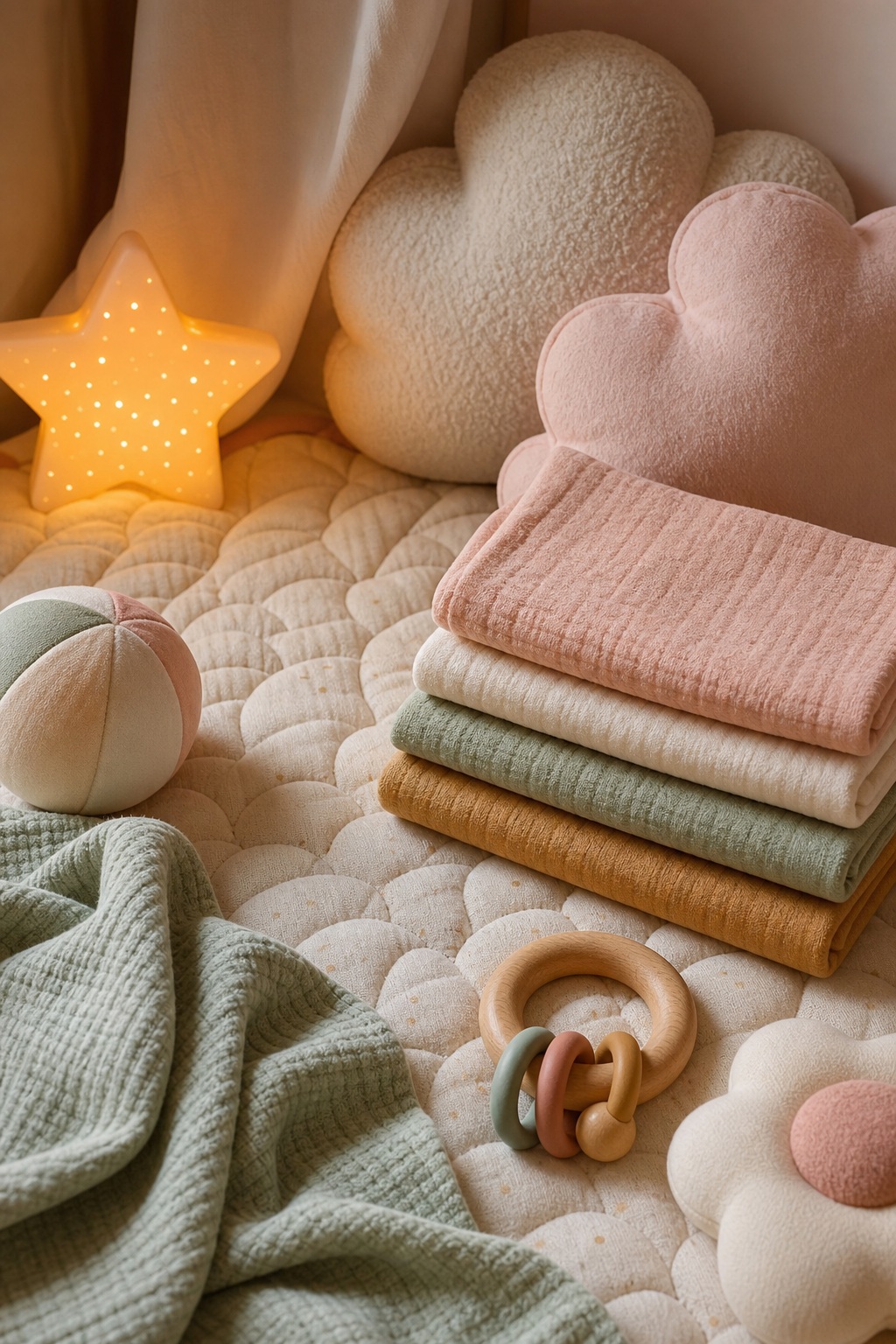 Soft pastel nursery scene with folded blankets, baby toys, and a glowing star lamp on a quilted surface.