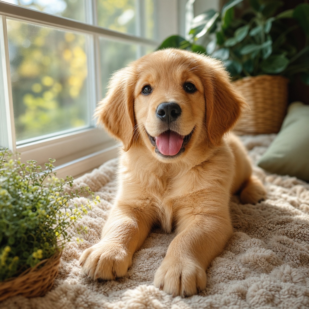Happy golden puppy lying by a window on a soft blanket with sunlight nearby.