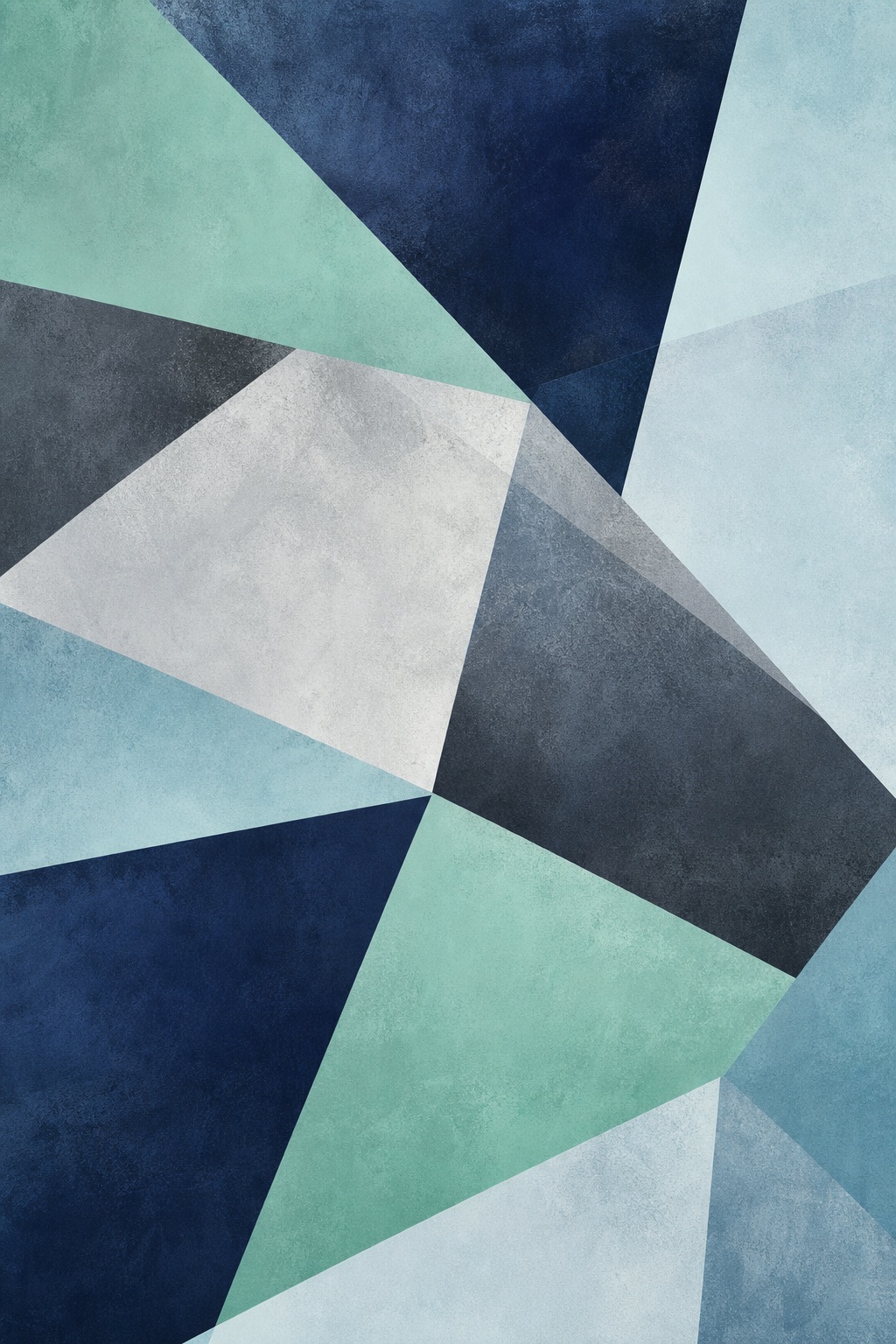 Layered geometric shapes in mint, indigo, gray, and pale blue abstract background
