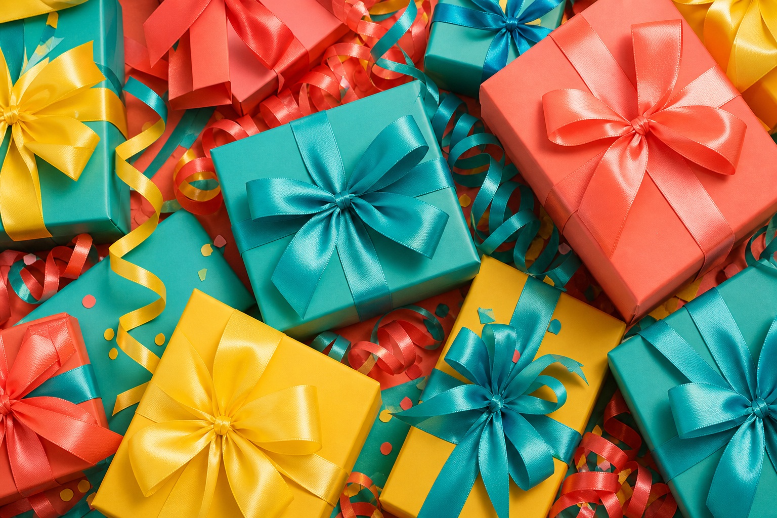 Colorful wrapped gift boxes with ribbons and confetti on a bright celebration background.