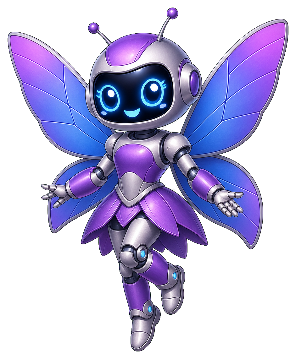Purple robot fairy with glowing face, wings, and a floating fantasy pose