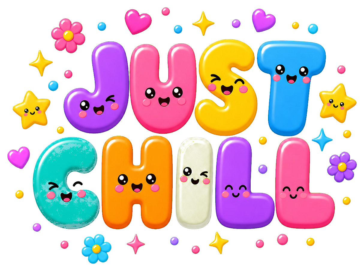 Colorful bubble letters spelling Just Chill with small stars around them