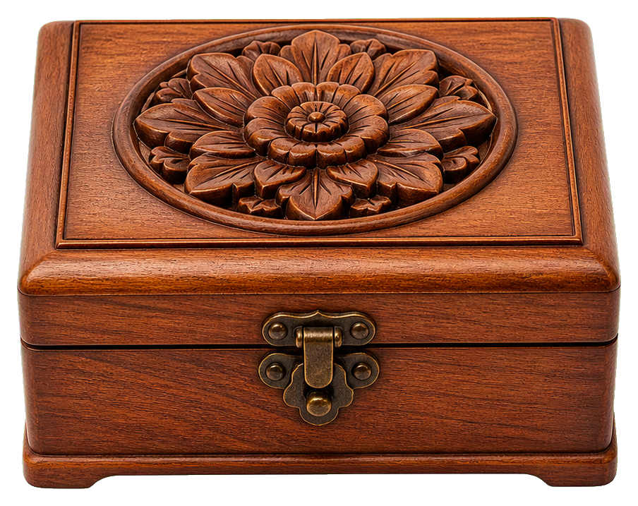 Carved wooden music box with floral lid detail and front latch