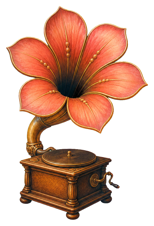 An orange flower blooming from a vintage gramophone base