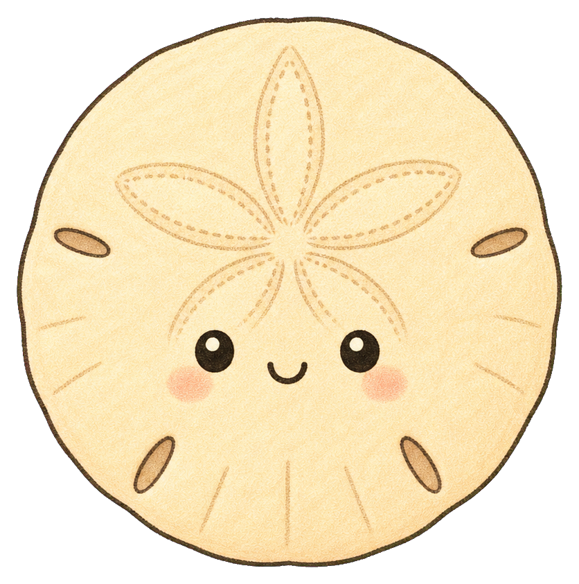 Cute round sand dollar with a smiling face and soft beige details