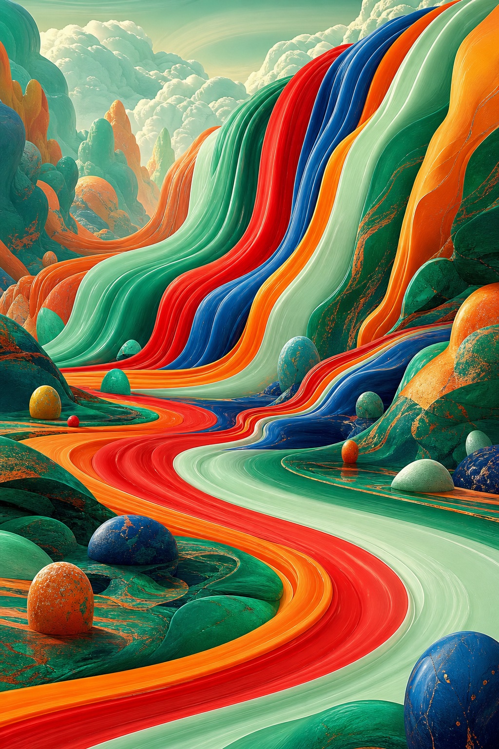 A surreal landscape with flowing multicolored waterfalls, rounded hills, and vivid abstract shapes.