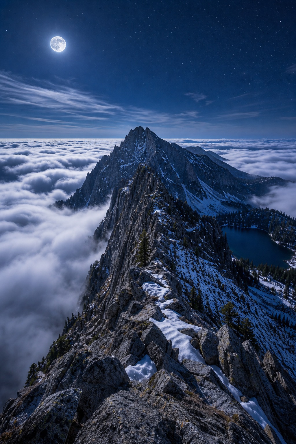 Moonlit mountain ridge rising above clouds under a bright night sky.