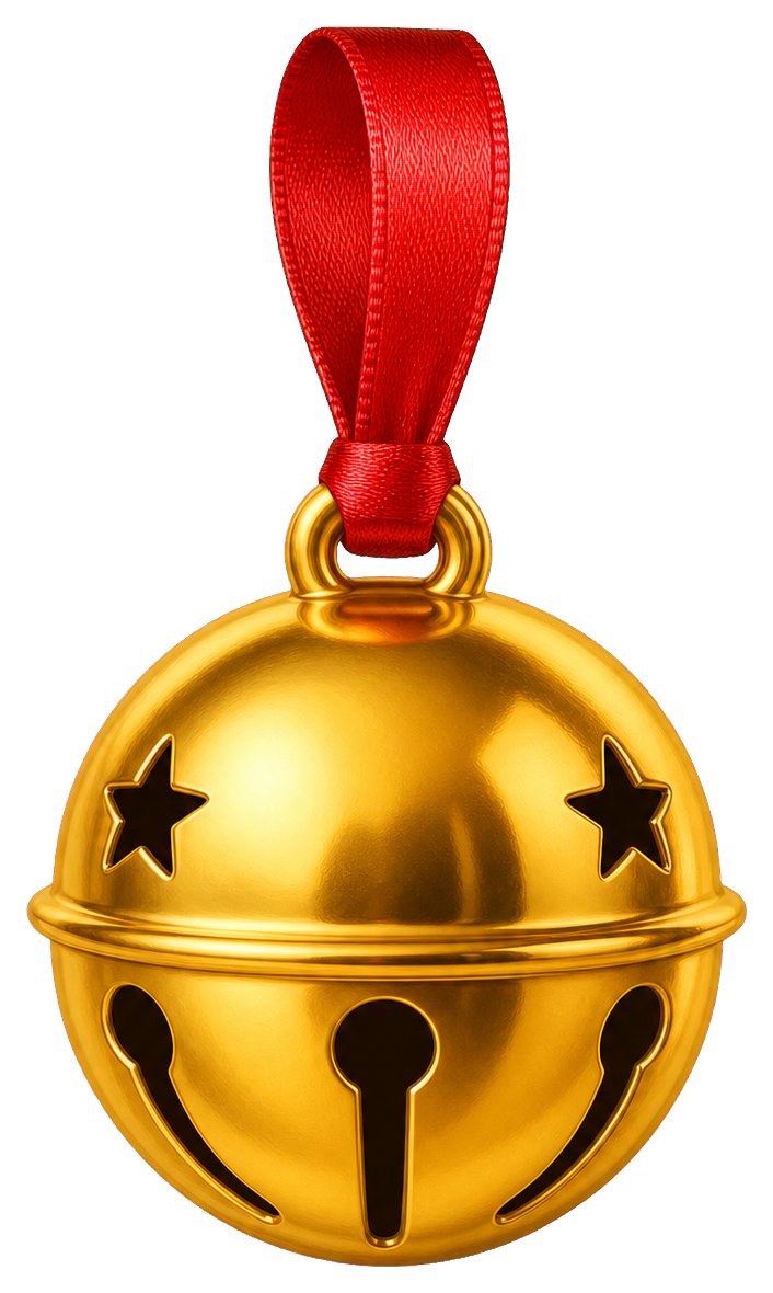 Gold Christmas jingle bell with a red hanging ribbon