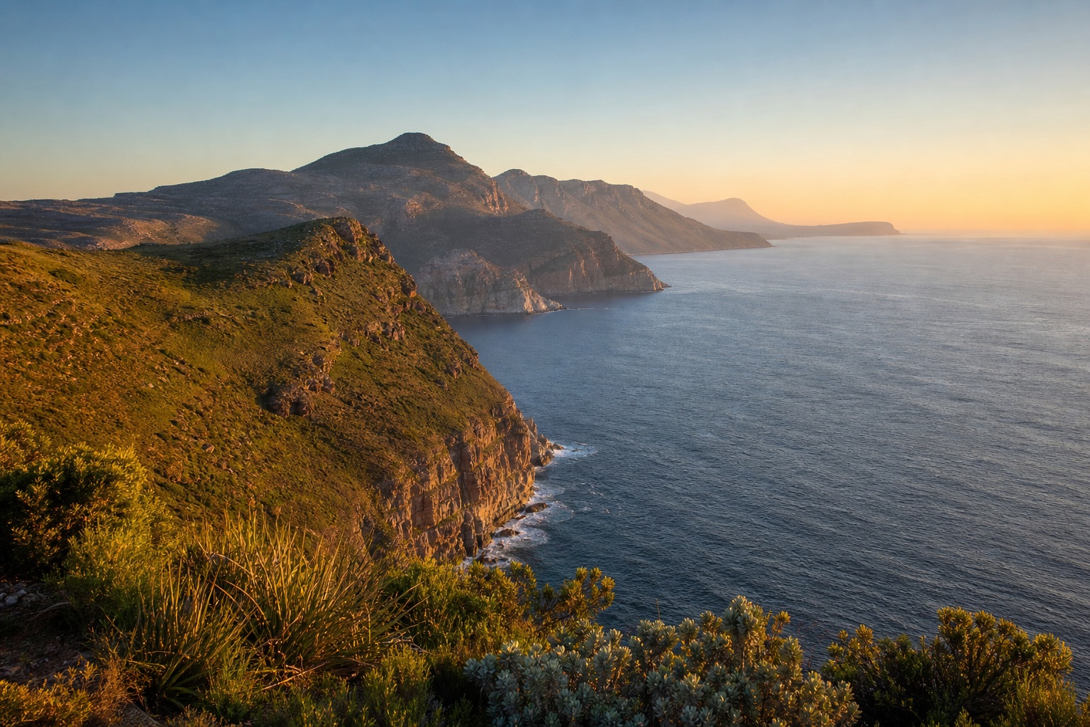 Sunrise light over rugged coastal cliffs beside a calm ocean