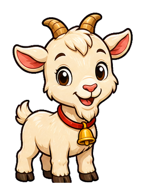 Cute baby goat with a bell collar standing and smiling
