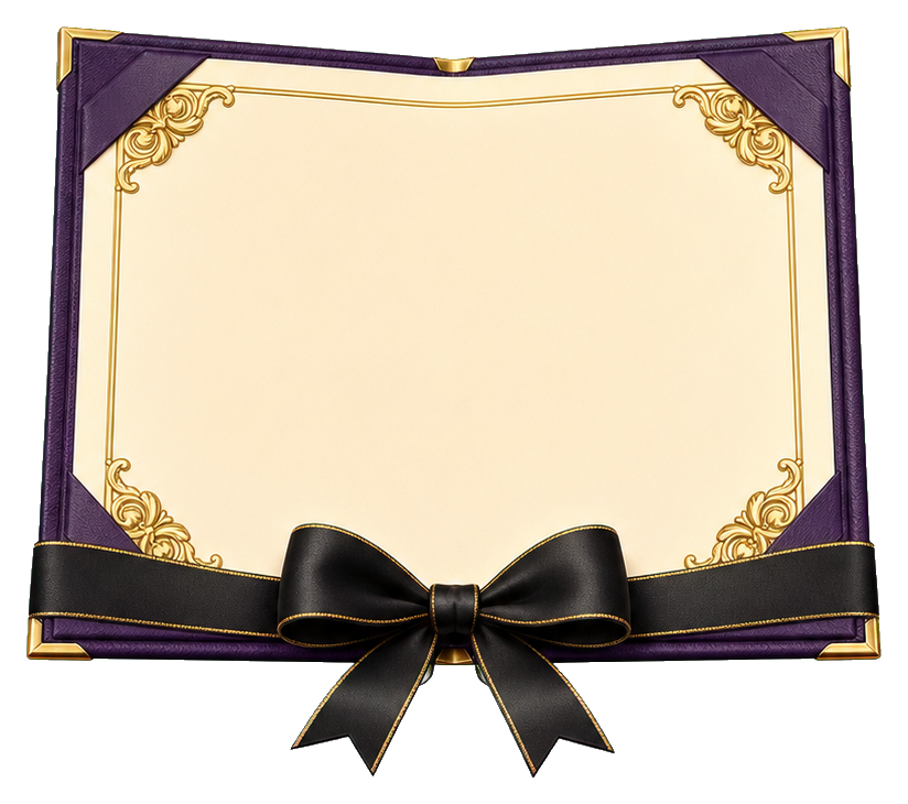 Open diploma with purple cover and black ribbon bow at the bottom