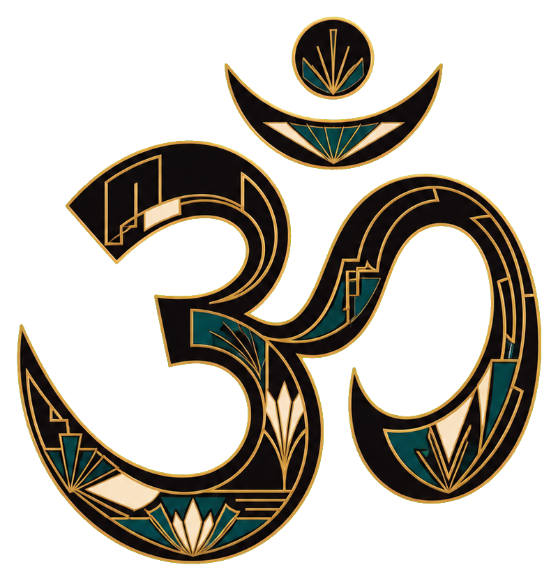 Gold and black art deco Om symbol with decorative geometric accents