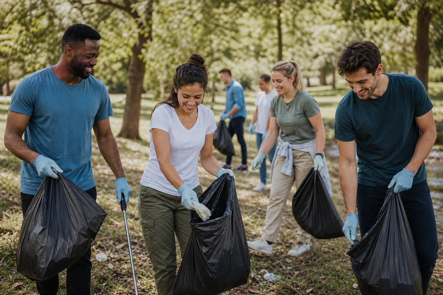 Four volunteers holding trash bags while cleaning up a grassy park area