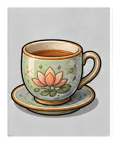 A patterned teacup and saucer with a lotus design on a dark background.