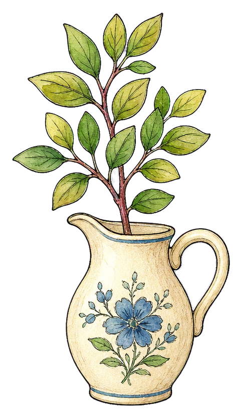 Floral pitcher vase with blue flowers and leafy sprig sticker