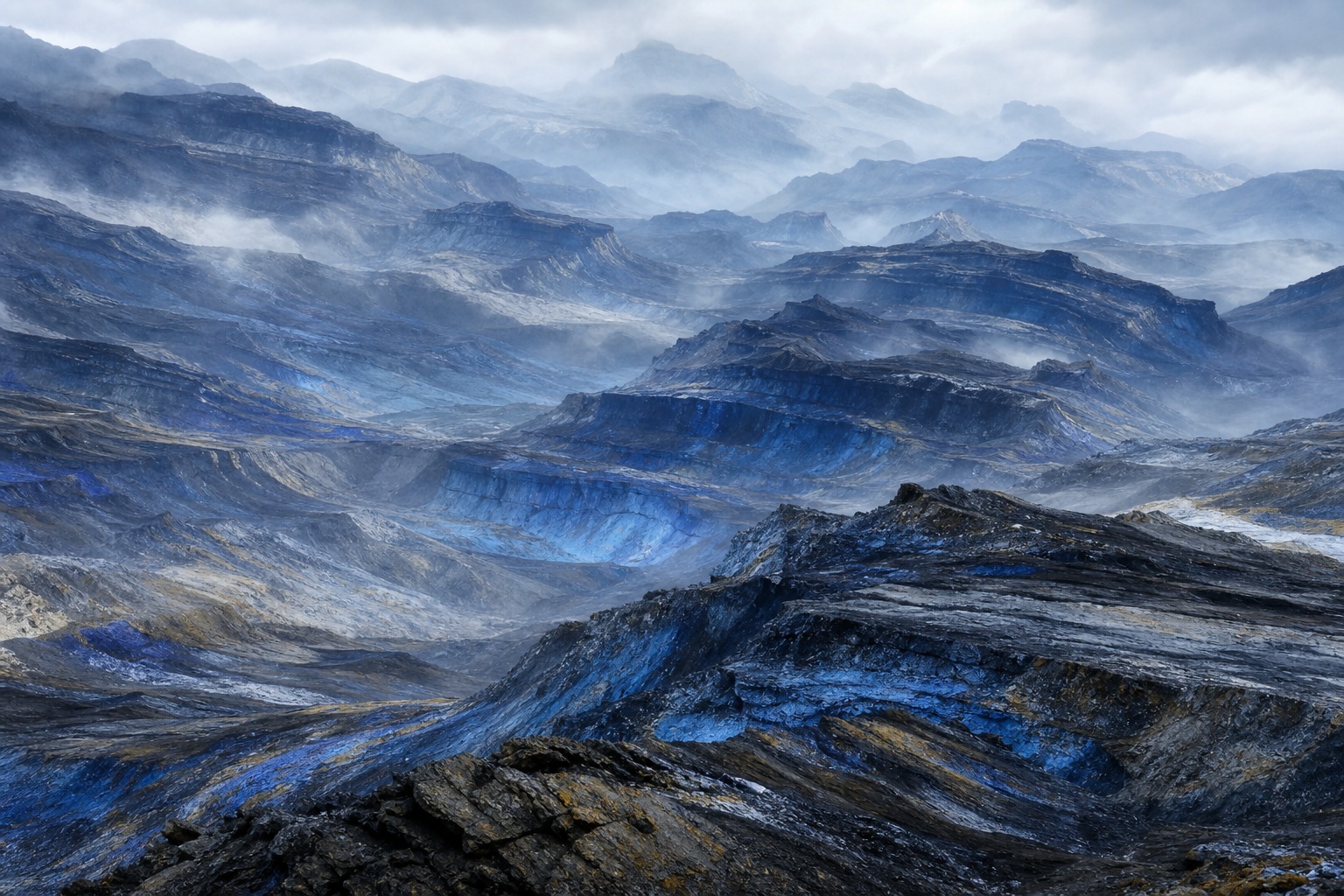 Layered blue-gray mountain ridges fading into cobalt mist.