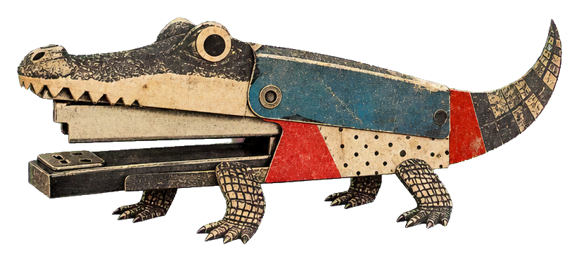 A surreal crocodile made from a stapler with mixed media collage details.