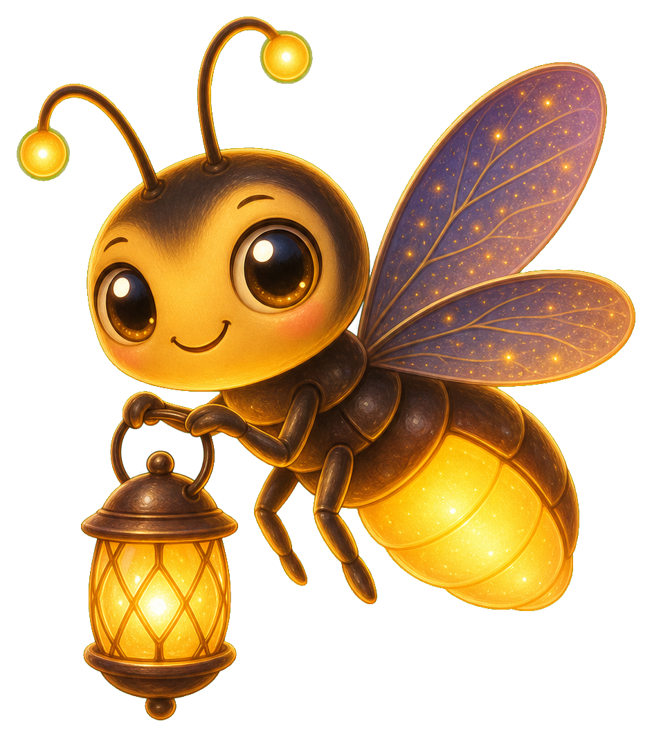 Cute glowing firefly holding a lantern with translucent wings.