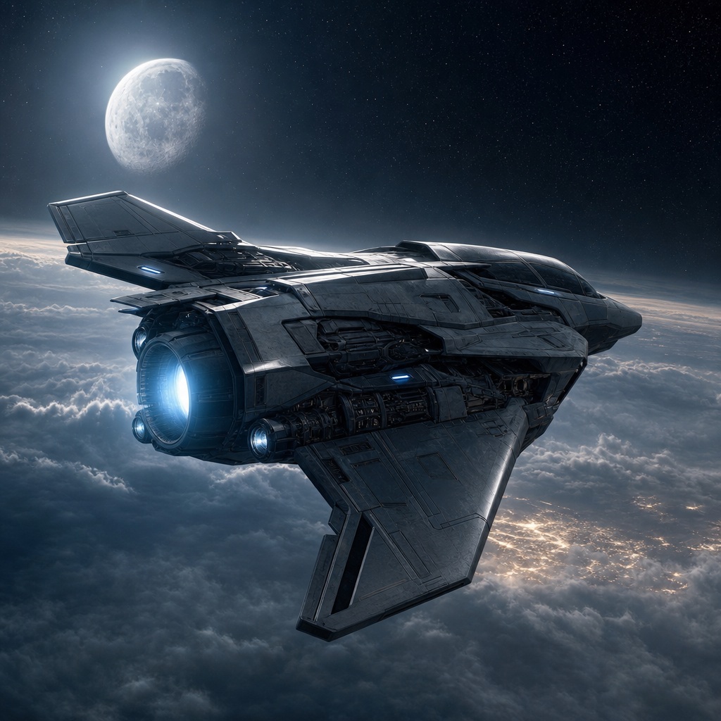 A futuristic interceptor spacecraft flying above a moonlit planet surface.